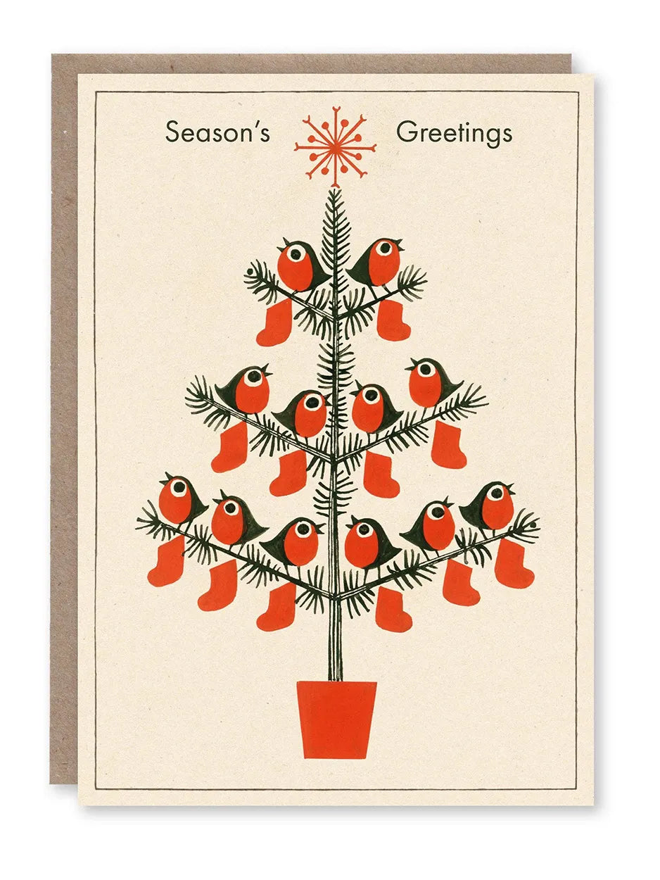 Mid-century style Christmas card with an illustration of 12 robins and 12 stockings on a Christmas tree.