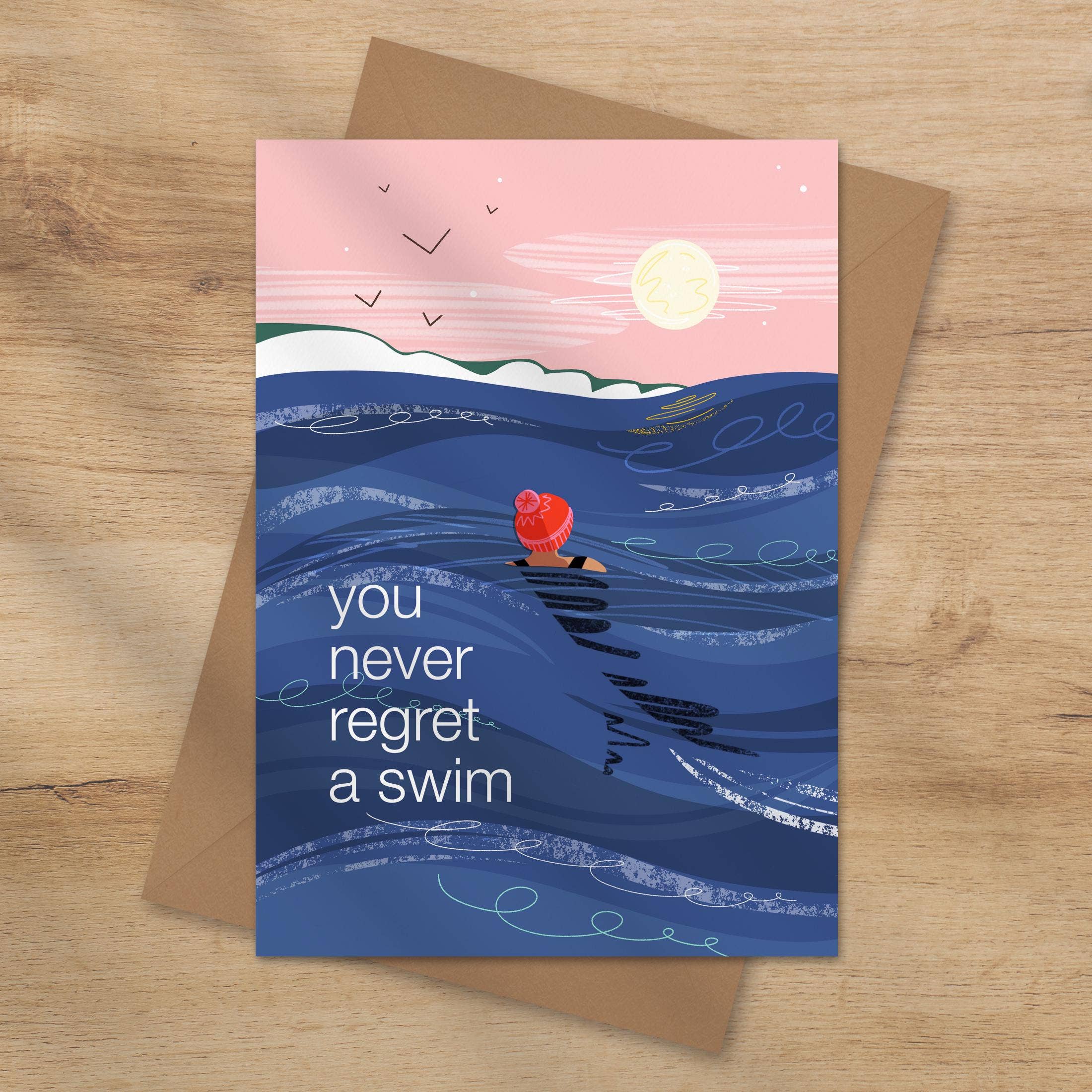 You never regret a swim greeting card. Blank inside for your own message.