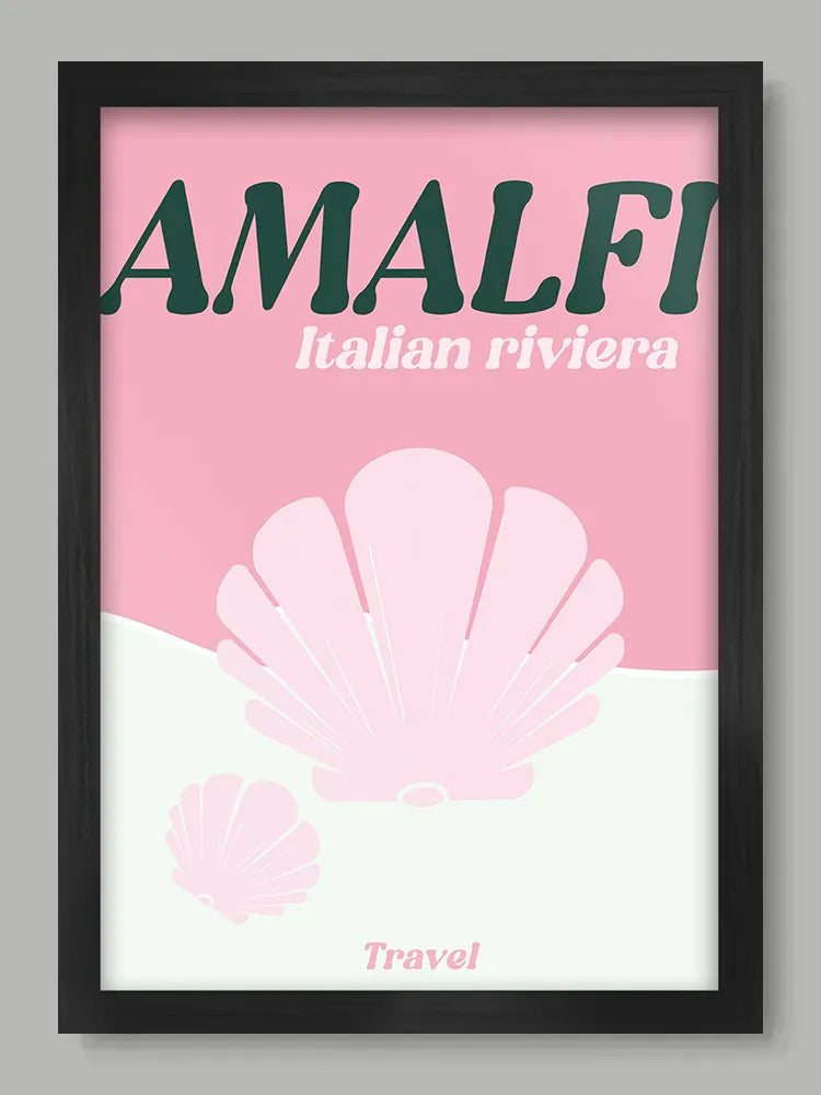 Framed poster with 'AMALFI Italian riviera' text and pink shell design on a pink background.