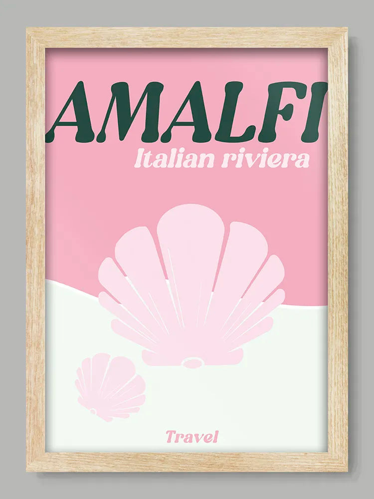 Framed poster with 'Amalfi Italian Riviera' text and pink shell design on a gray background