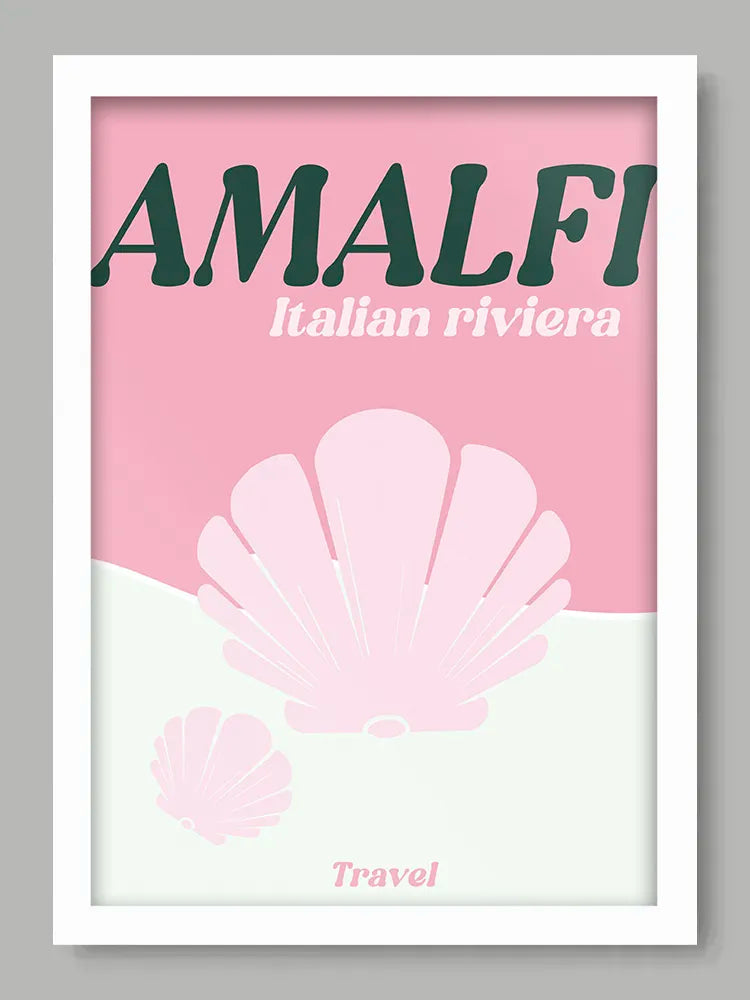 Poster with 'AMALFI Italian riviera' text and shell design on a pink and white background.
