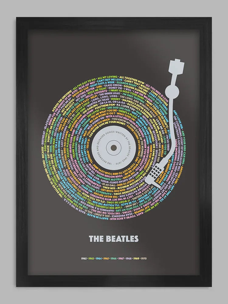 Beatles 188 - Music Print. Every song written and recorded by The Beatles during their time as a band - 1962-70. The song titles are colour coded according to the year it was written.