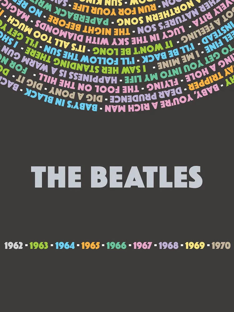 Beatles 188 - Music Print. Every song written and recorded by The Beatles during their time as a band - 1962-70. The song titles are colour coded according to the year it was written.