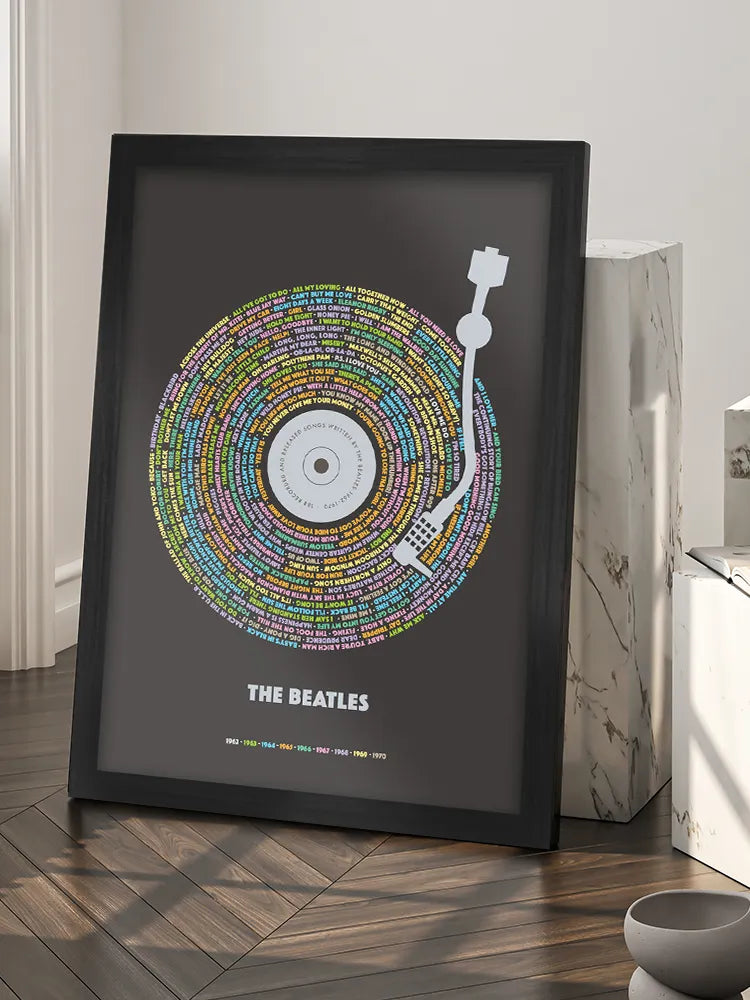 Beatles 188 - Music Print. Every song written and recorded by The Beatles during their time as a band - 1962-70. The song titles are colour coded according to the year it was written.