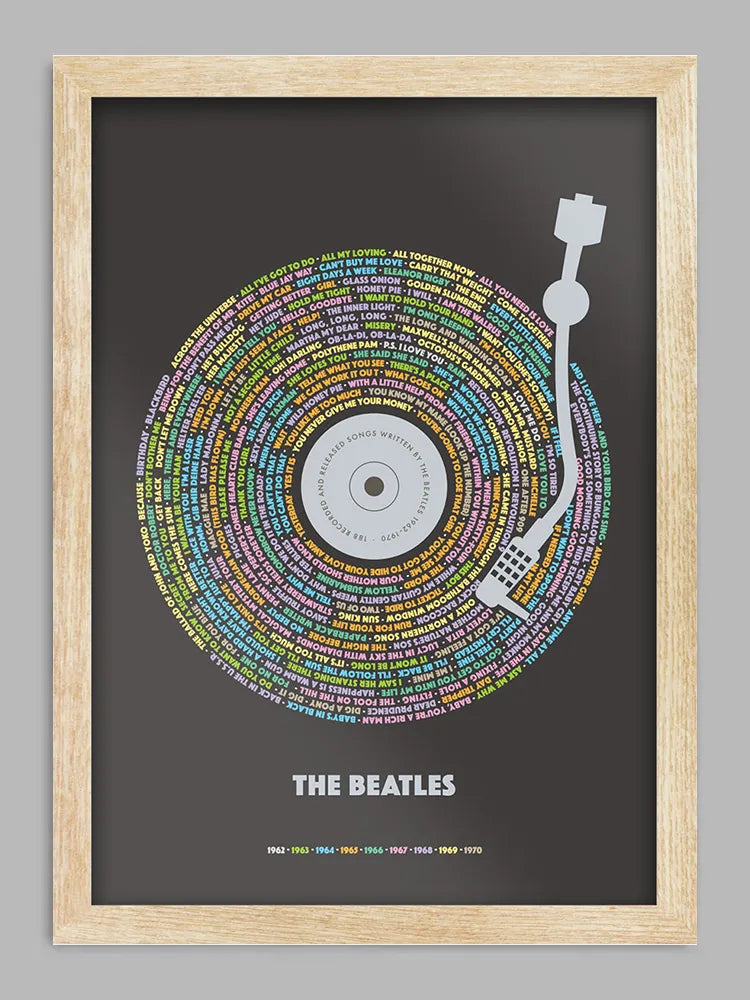 Beatles 188 - Music Print. Every song written and recorded by The Beatles during their time as a band - 1962-70. The song titles are colour coded according to the year it was written.