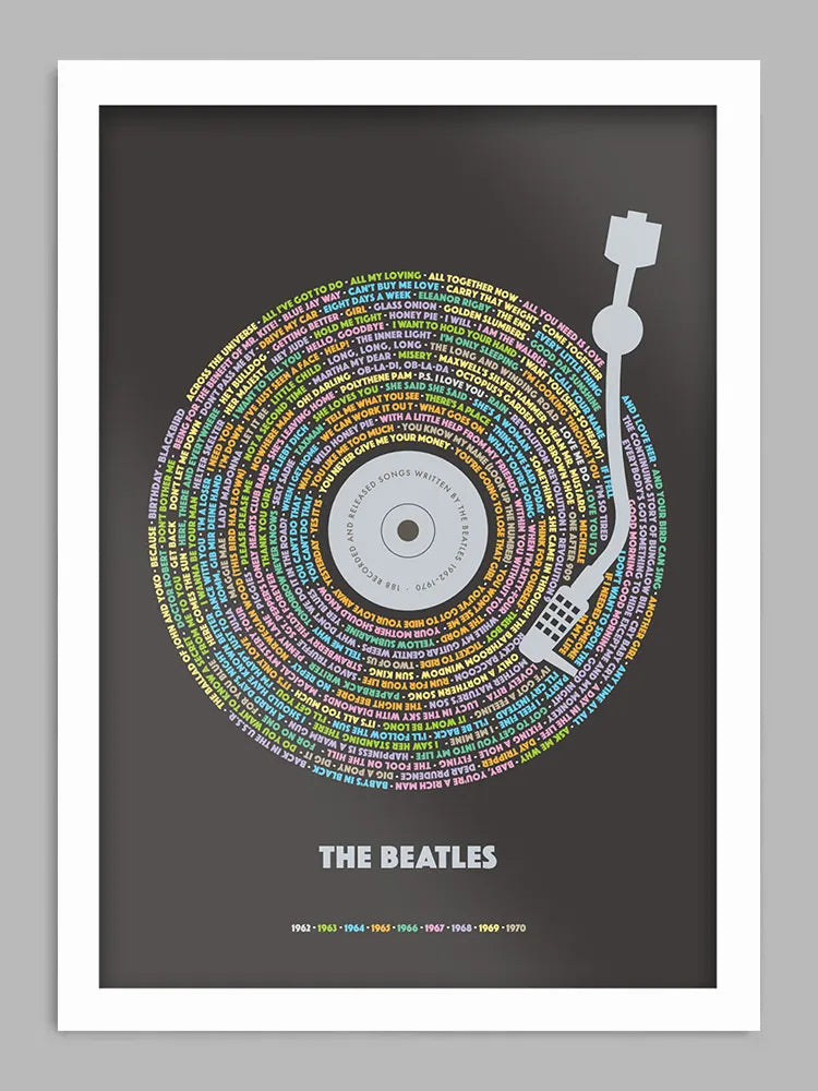 Beatles 188 - Music Print. Every song written and recorded by The Beatles during their time as a band - 1962-70. The song titles are colour coded according to the year it was written.