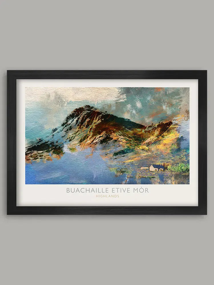 Buachaille Etive Mòr Print. One of the most popular and recognisable of the Scottish Munros. Features Lagangarbh Hut.