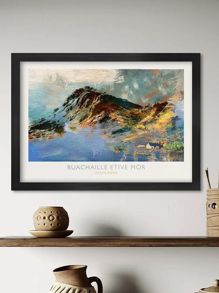 Buachaille Etive Mòr Print. One of the most popular and recognisable of the Scottish Munros. Features Lagangarbh Hut.