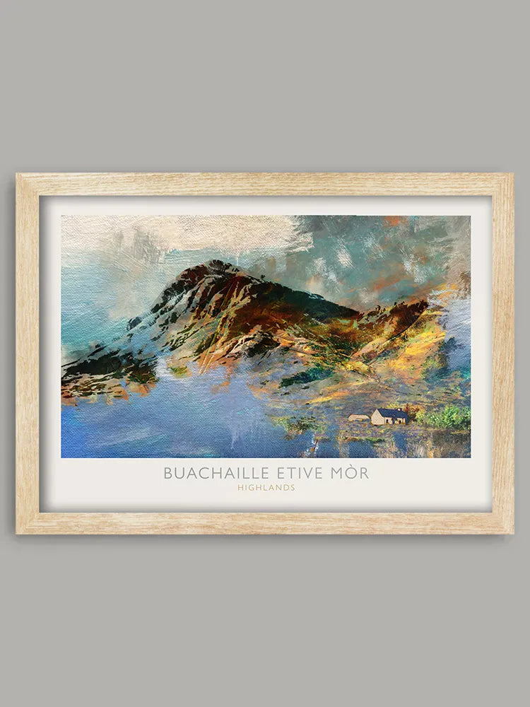 Buachaille Etive Mòr Print. One of the most popular and recognisable of the Scottish Munros. Features Lagangarbh Hut.