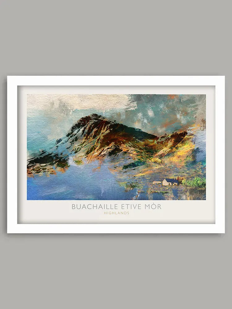 Buachaille Etive Mòr Print. One of the most popular and recognisable of the Scottish Munros. Features Lagangarbh Hut.