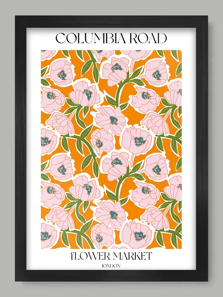 Framed floral pattern poster with 'Columbia Road Flower Market' text on a gray background