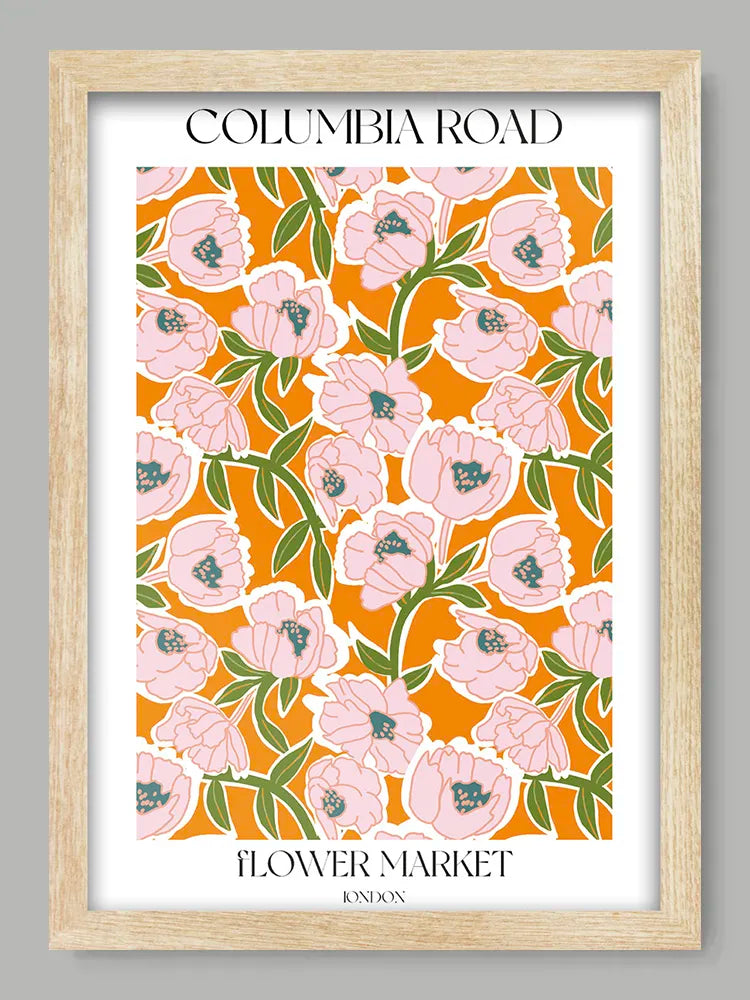 Framed floral pattern with 'Columbia Road Flower Market' text on a gray background