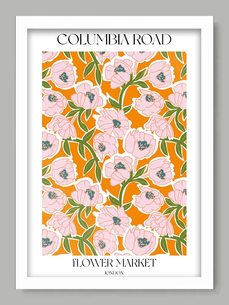 Framed floral pattern with 'Columbia Road Flower Market' text on an orange background