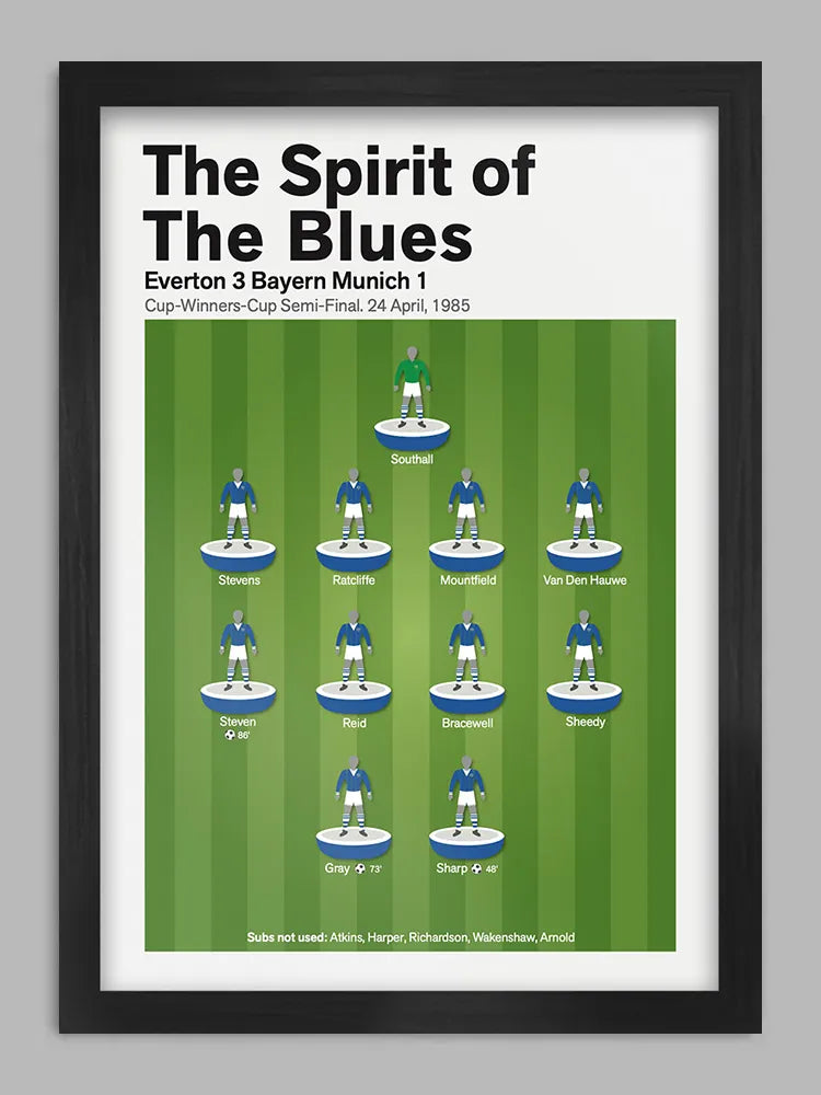 Everton - Spirit of the Blues - Football Print. Celebrating one of Everton's greatest nights in European football. Defeating Bayern Munich to reach their first European final.