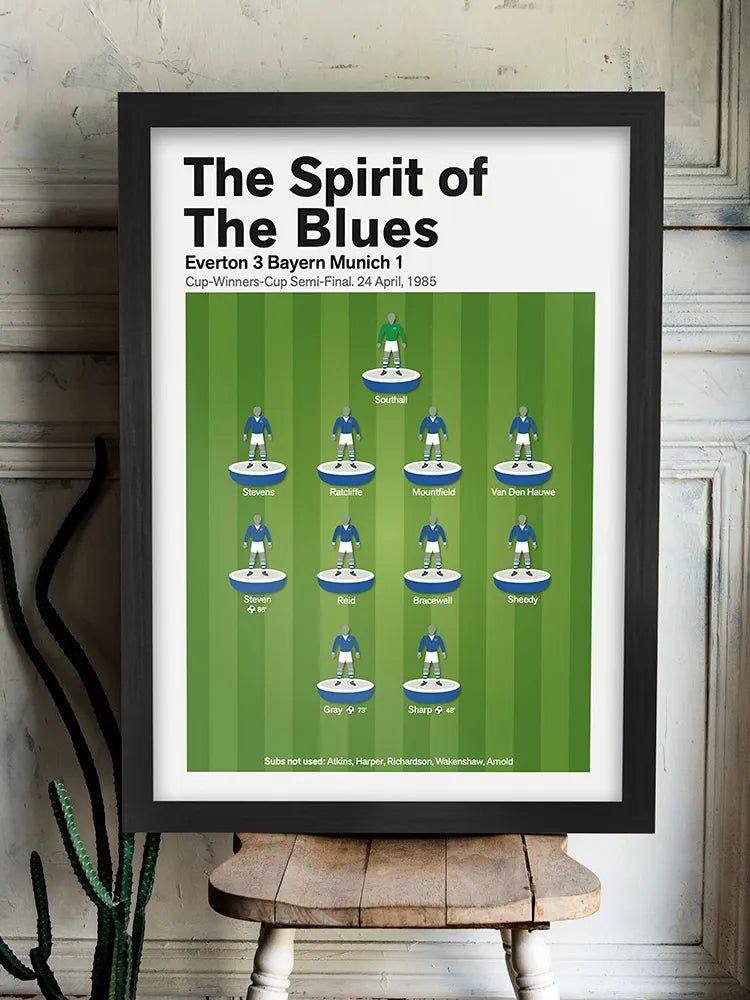 Everton - Spirit of the Blues - Football Print. Celebrating one of Everton's greatest nights in European football. Defeating Bayern Munich to reach their first European final.
