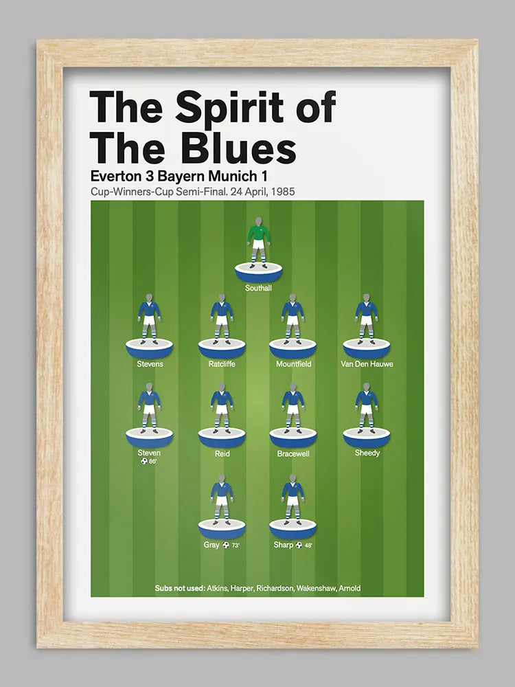Everton - Spirit of the Blues - Football Print. Celebrating one of Everton's greatest nights in European football. Defeating Bayern Munich to reach their first European final.