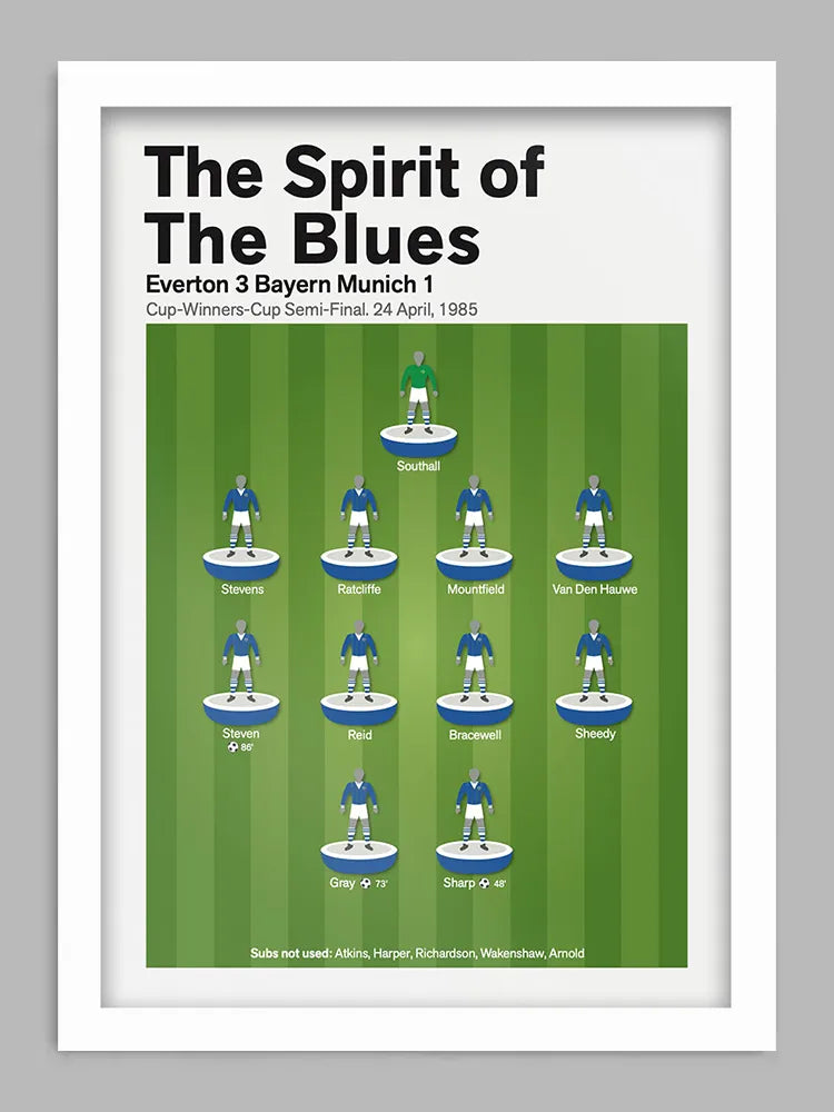 Everton - Spirit of the Blues - Football Print. Celebrating one of Everton's greatest nights in European football. Defeating Bayern Munich to reach their first European final.