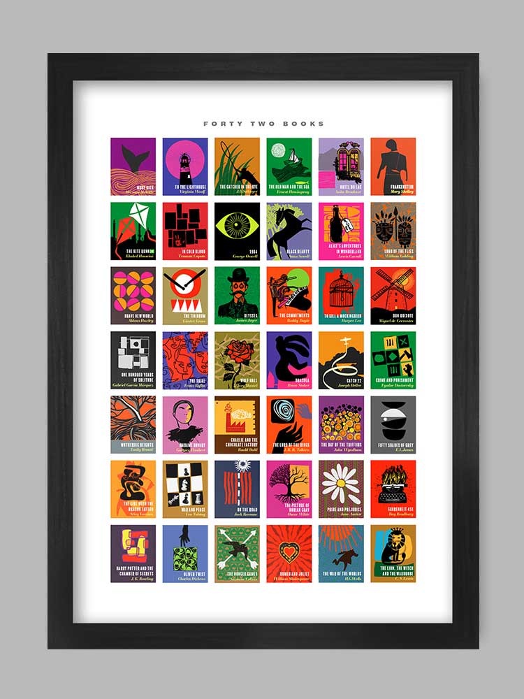Forty Two Books - Poster Print. Classic books from all eras and genres given a modernist / minimalist styling. Great writers and great books.