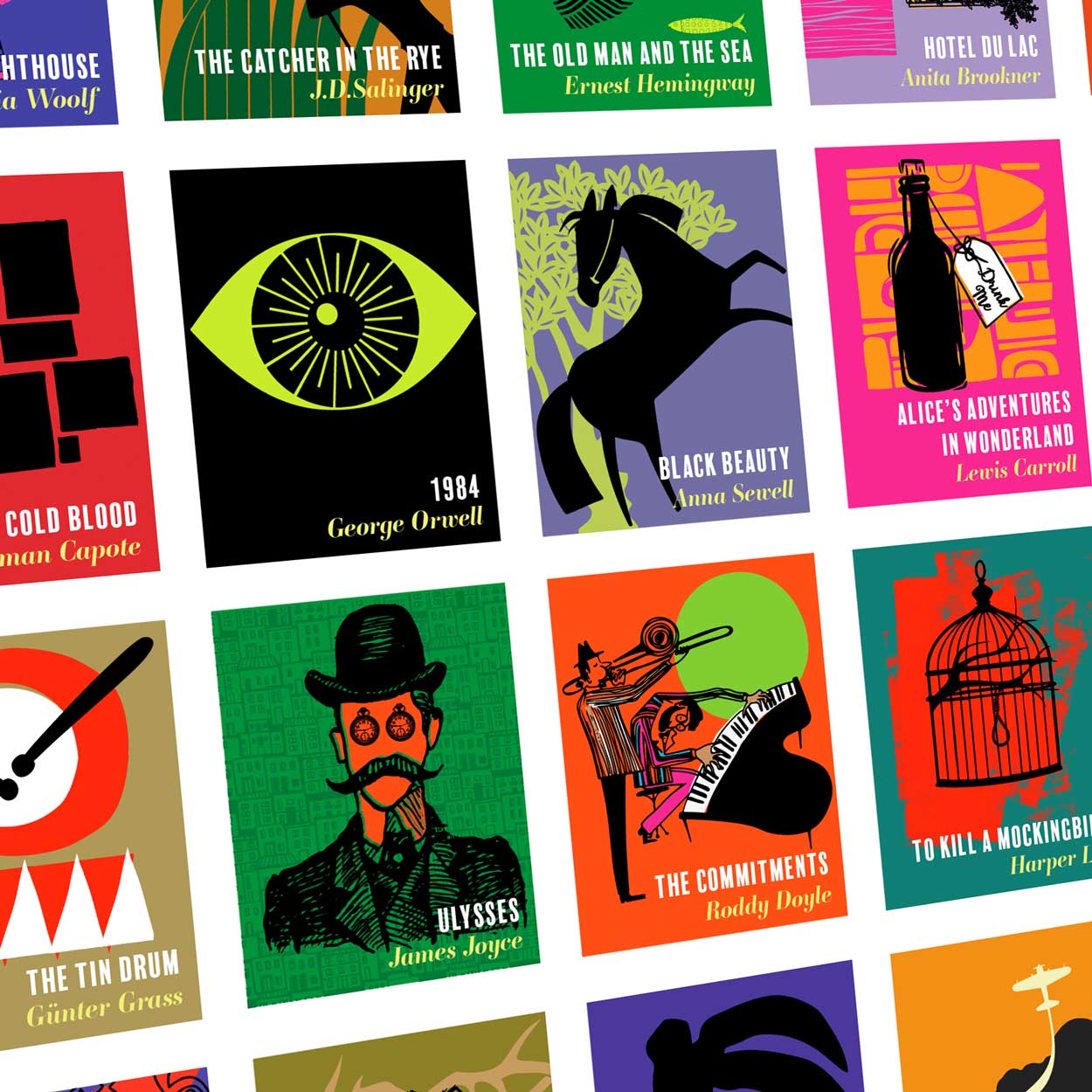 Forty Two Books - Poster Print. Classic books from all eras and genres given a modernist / minimalist styling. Great writers and great books. 1984, Ulysses, To Kill a Mockingbird