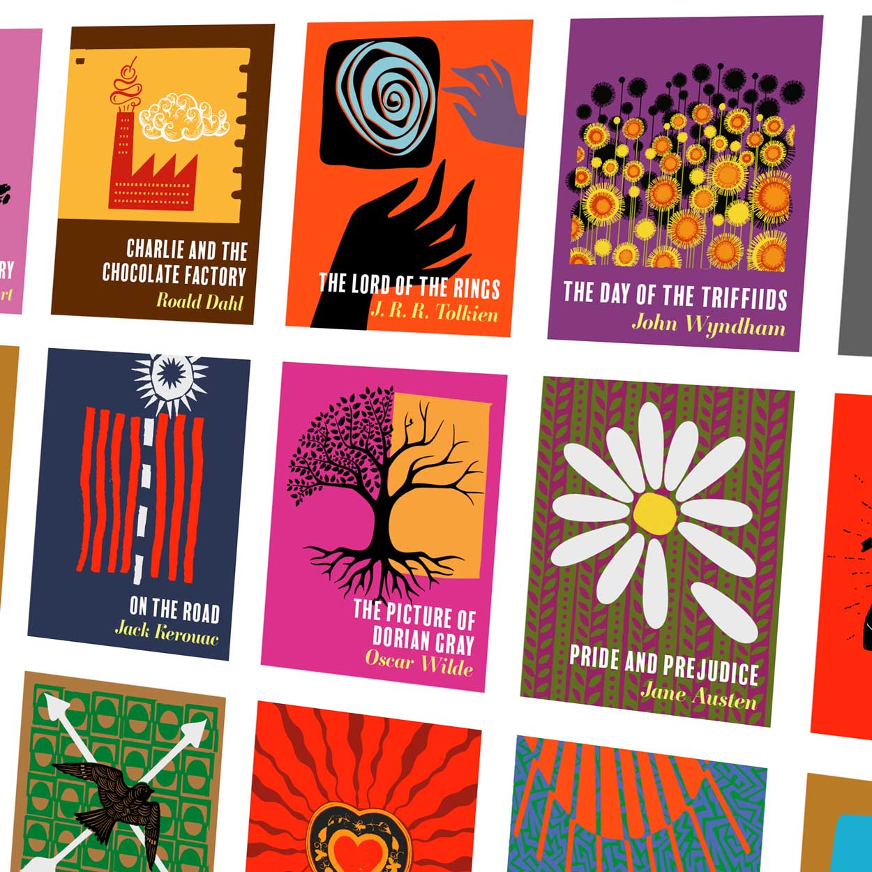 Forty Two Books - Poster Print. Classic books from all eras and genres given a modernist / minimalist styling. Great writers and great books. The Picture of Dorian Gray, Pride and Prejudice, On The Road, Charlie and the Chocolate Factory.