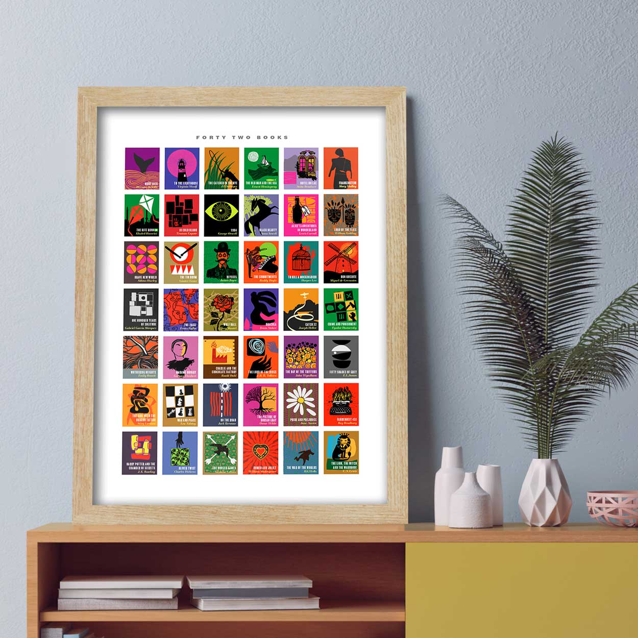 Forty Two Books - Poster Print. Classic books from all eras and genres given a modernist / minimalist styling. Great writers and great books.