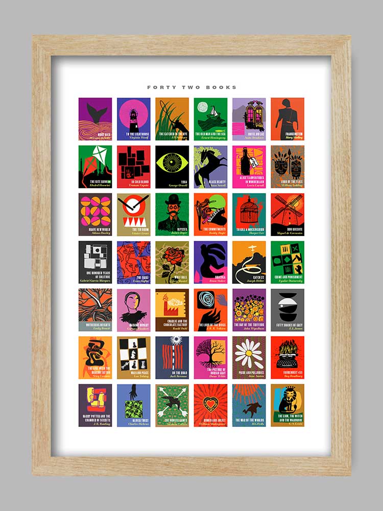 Forty Two Books - Poster Print. Classic books from all eras and genres given a modernist / minimalist styling. Great writers and great books.