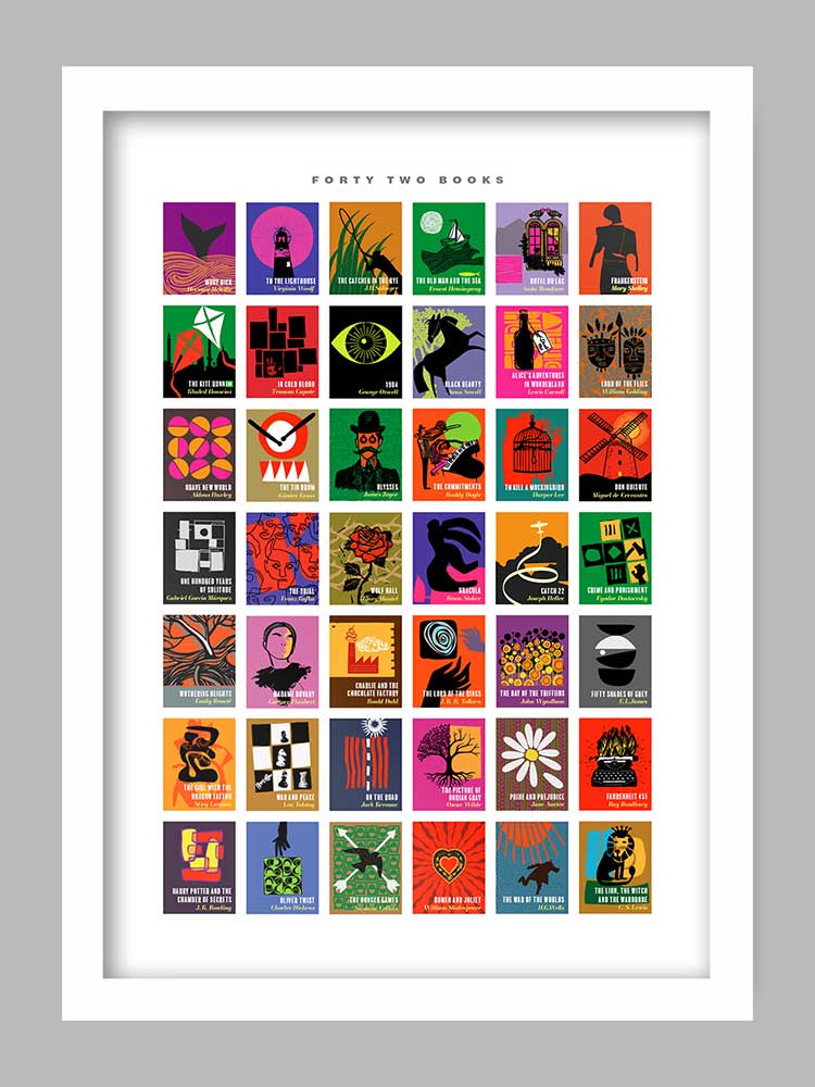 Forty Two Books - Poster Print. Classic books from all eras and genres given a modernist / minimalist styling. Great writers and great books.