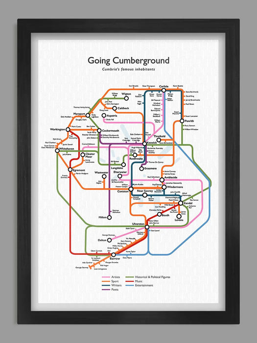 Going Cumberground &nbsp;- Cumbria Poster Print. Our map featuring some of Cumbria's most famous inhabitants. This Cumbria poster print will provide a great talking point as you discover who hails from these parts.