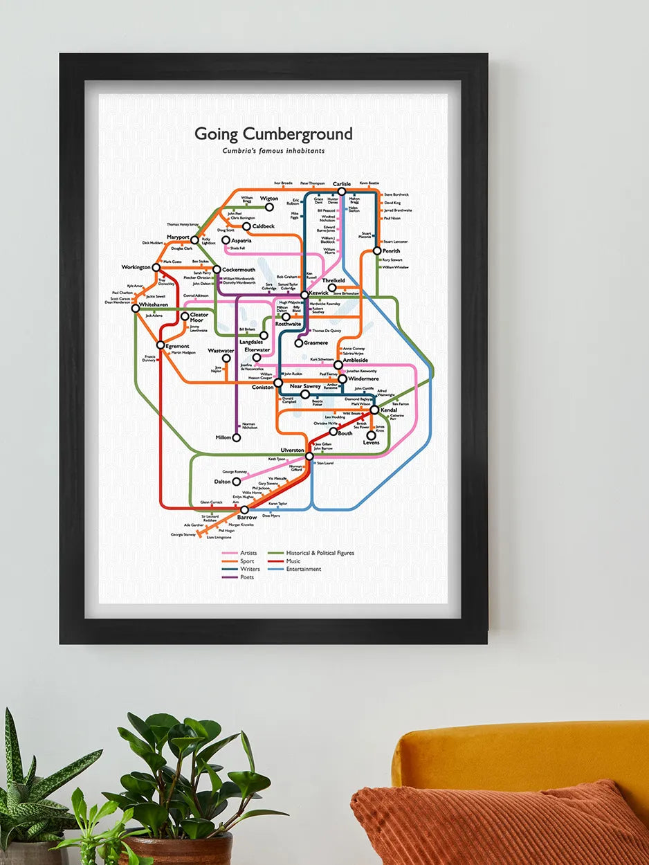 Going Cumberground &nbsp;- Cumbria Poster Print. Our map featuring some of Cumbria's most famous inhabitants. This Cumbria poster print will provide a great talking point as you discover who hails from these parts.