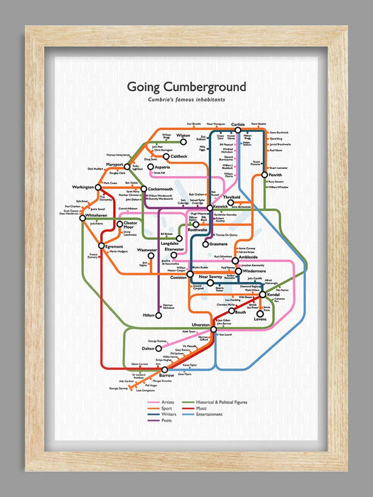 Going Cumberground &nbsp;- Cumbria Poster Print. Our map featuring some of Cumbria's most famous inhabitants. This Cumbria poster print will provide a great talking point as you discover who hails from these parts.