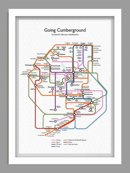 Going Cumberground &nbsp;- Cumbria Poster Print. Our map featuring some of Cumbria's most famous inhabitants. This Cumbria poster print will provide a great talking point as you discover who hails from these parts.