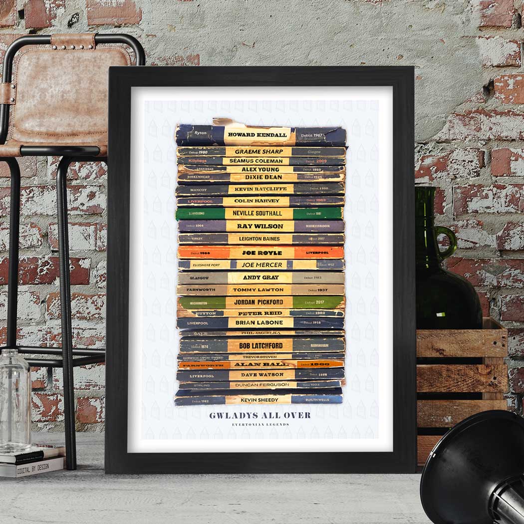 Gwladys All Over - Everton Poster Print celebrates some of the great names in the club's history together with their birthplace and the date of their Toffees debut.