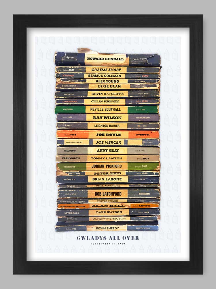 Gwladys All Over - Everton Poster Print celebrates some of the great names in the club's history together with their birthplace and the date of their Toffees debut.