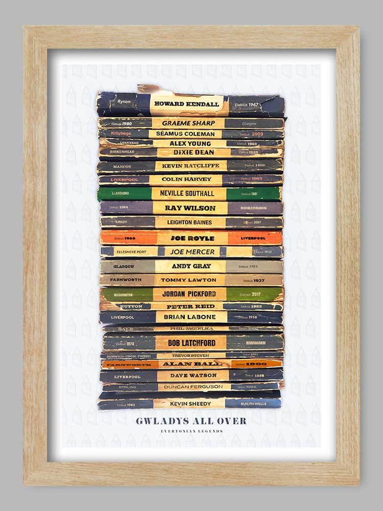 Gwladys All Over - Everton Poster Print celebrates some of the great names in the club's history together with their birthplace and the date of their Toffees debut.