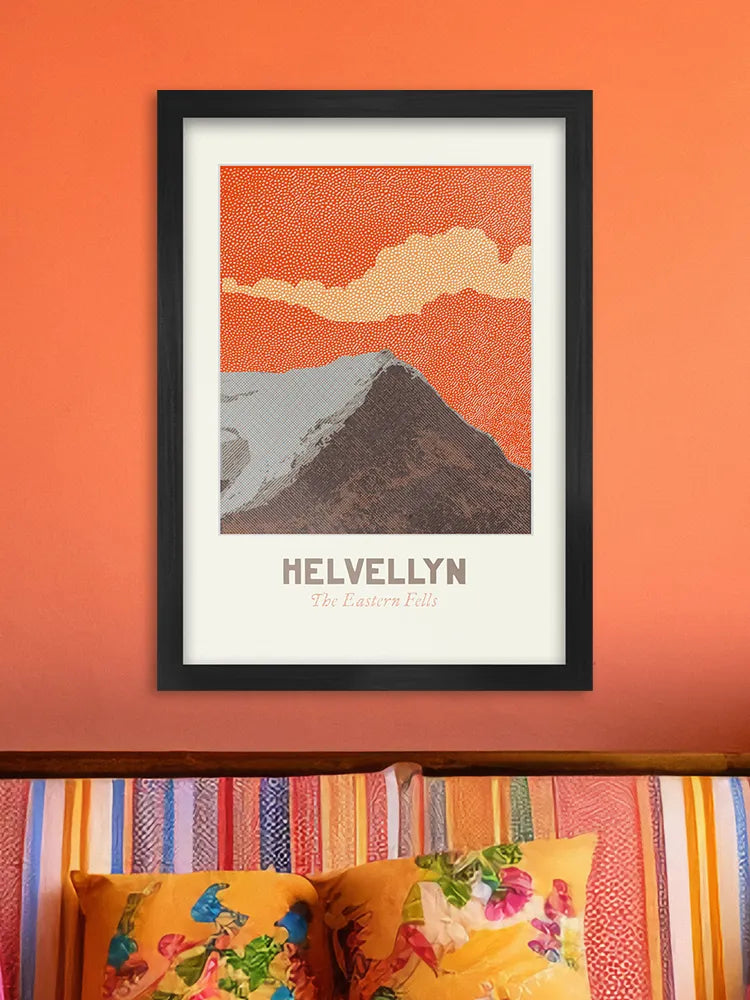 Our Helvellyn Eastern Fells poster print. This design depicts the iconic Helvellyn including the challenging Striding Edge climb