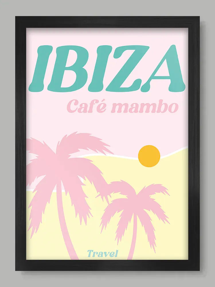 Framed poster with 'IBIZA Café mambo' text, palm trees, and a sunset on a light pink background.