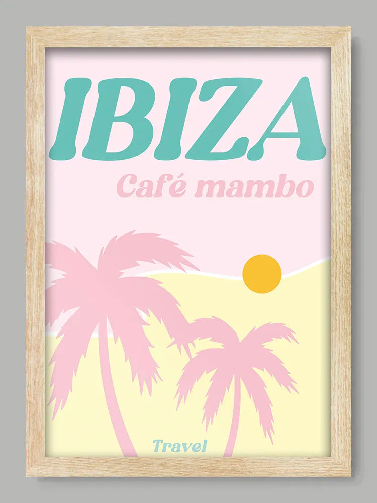 Framed poster with 'IBIZA Café mambo' text and palm tree design on a gray background