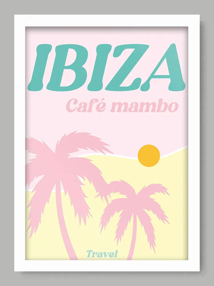 Framed poster with 'IBIZA Café mambo' text and palm tree design on a gray background