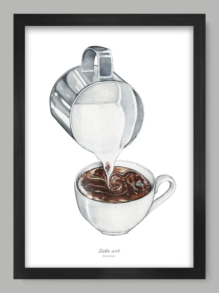 Framed artwork of a milk pitcher pouring milk into a cup of coffee, labeled 'Latte art'.