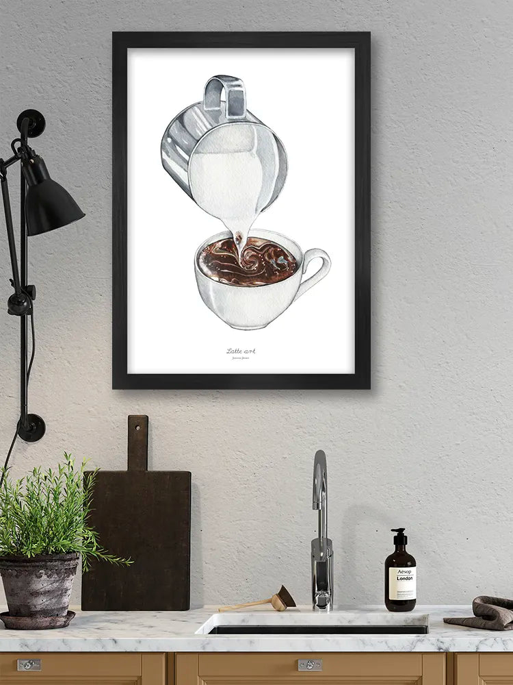 Framed artwork of a coffee pot pouring coffee into a cup on a kitchen wall.