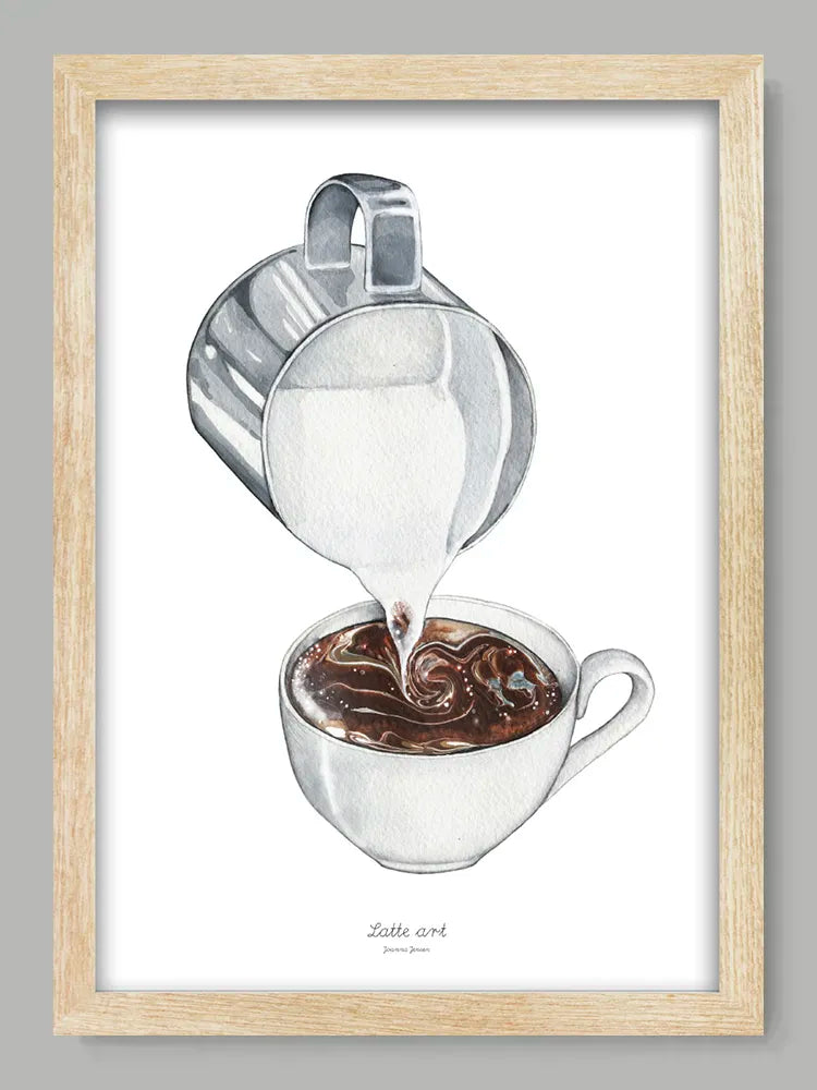 Framed artwork of a glass pitcher pouring liquid into a cup on a gray background