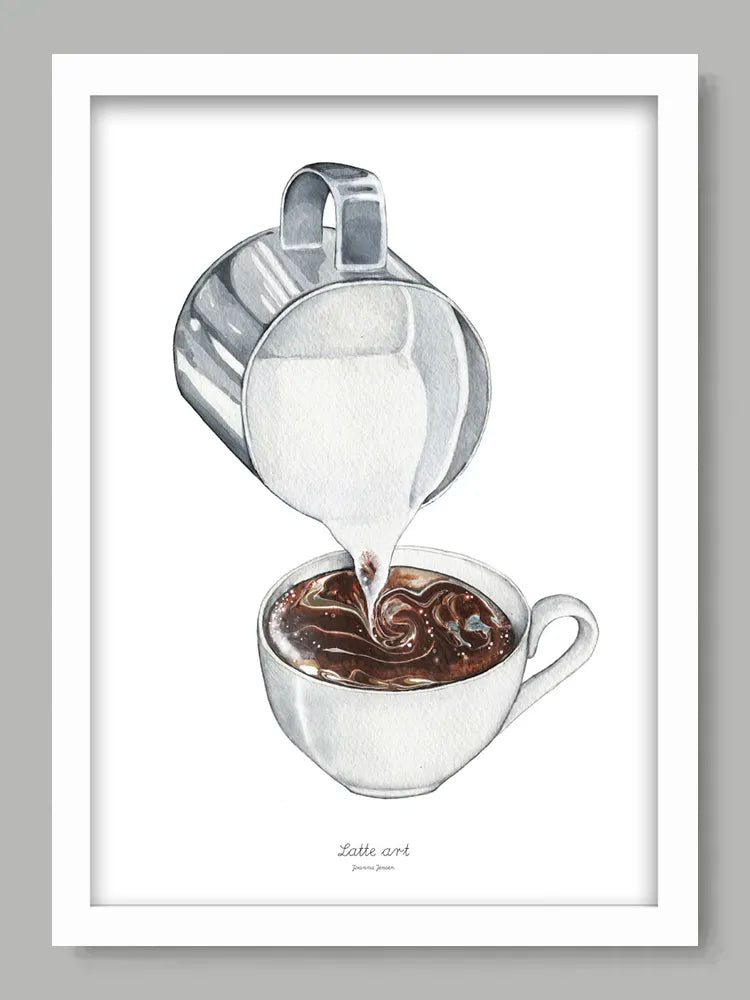 Illustration of a milk pitcher pouring milk into a cup of coffee.