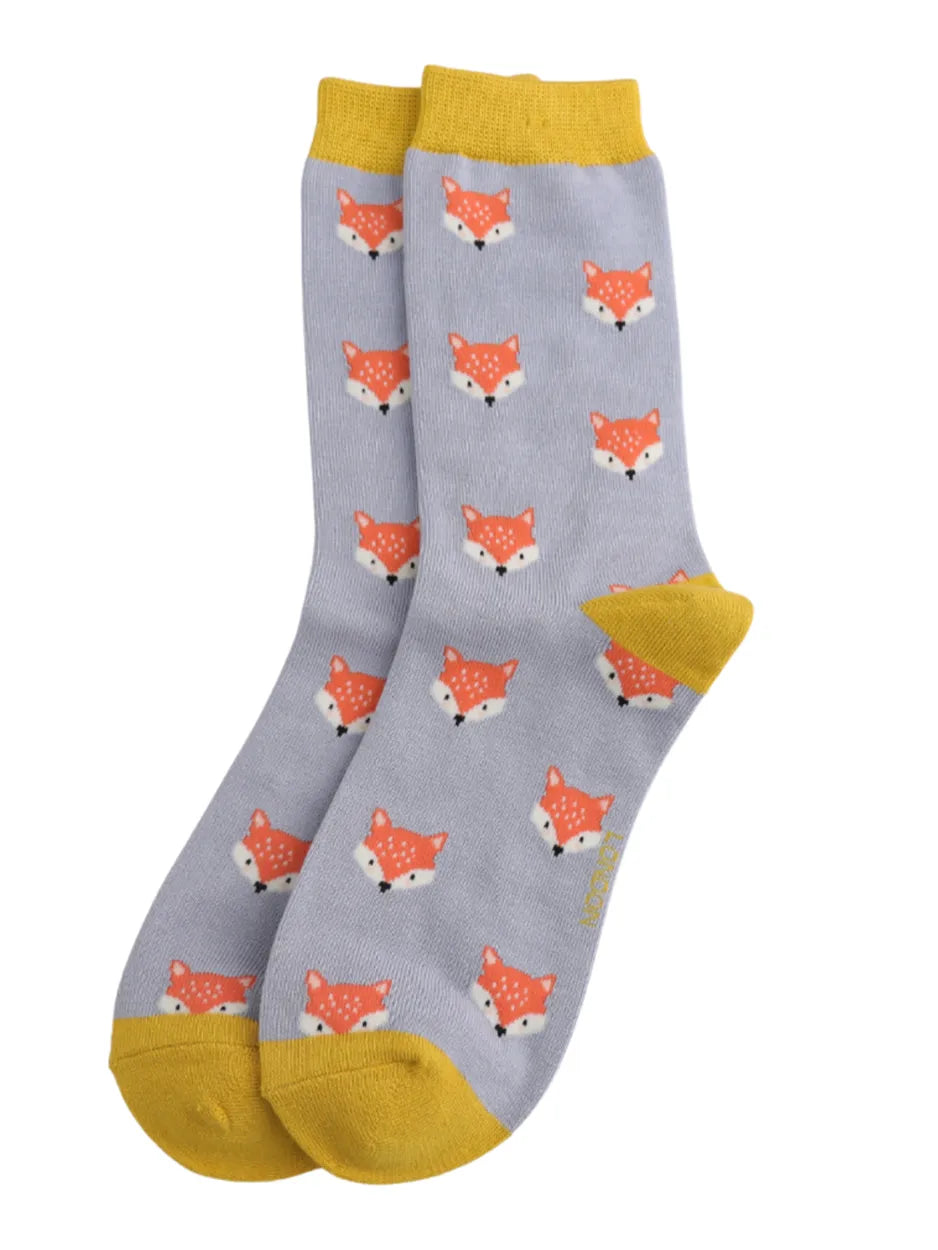 Gorgeous bamboo socks from Miss Sparrow. Soft powder blue and featuring a cute fox face pattern.