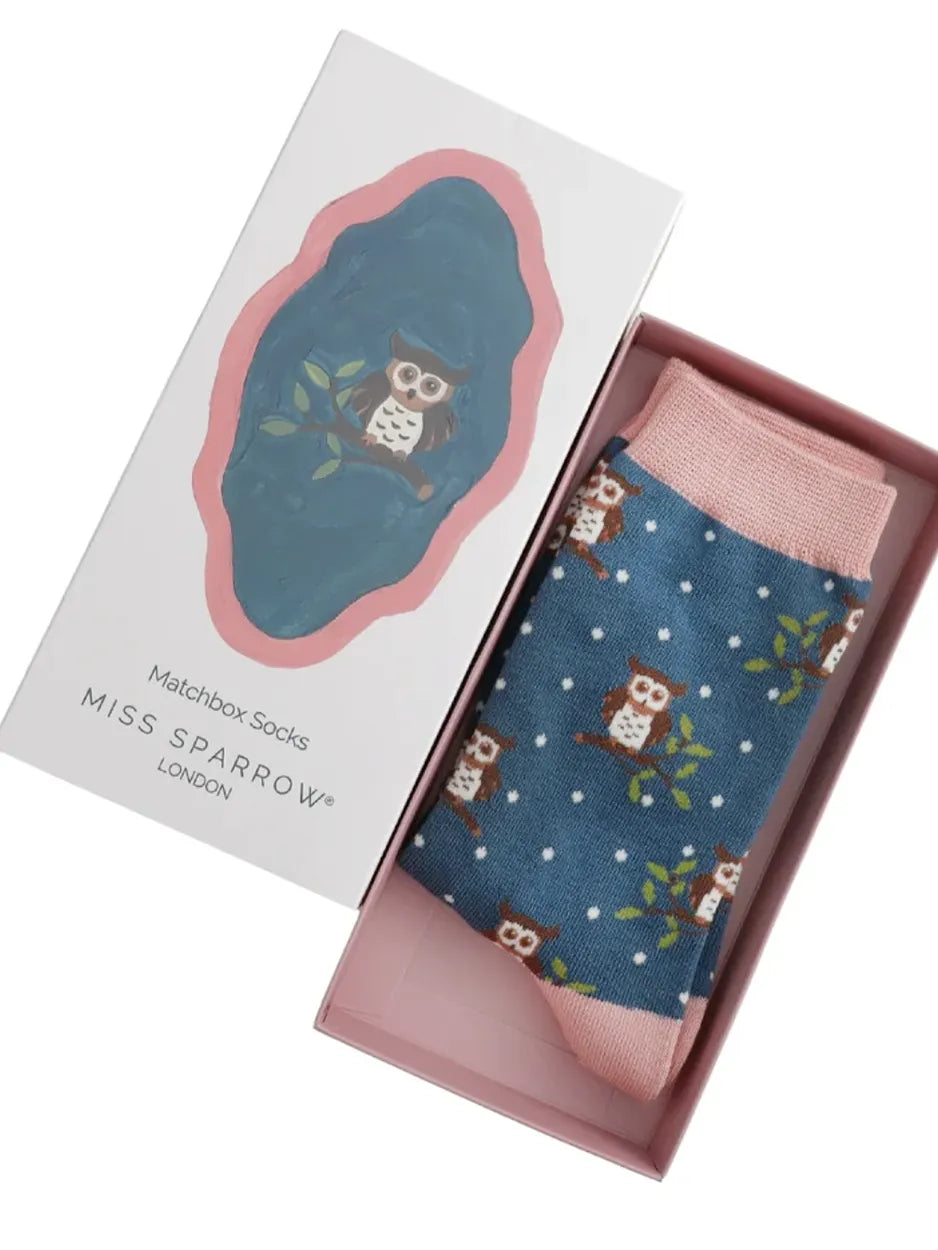 Gorgeous bamboo socks from Miss Sparrow. Soft blue and pink colours, featuring a woodland scene and owl, presented in a matching gift box.