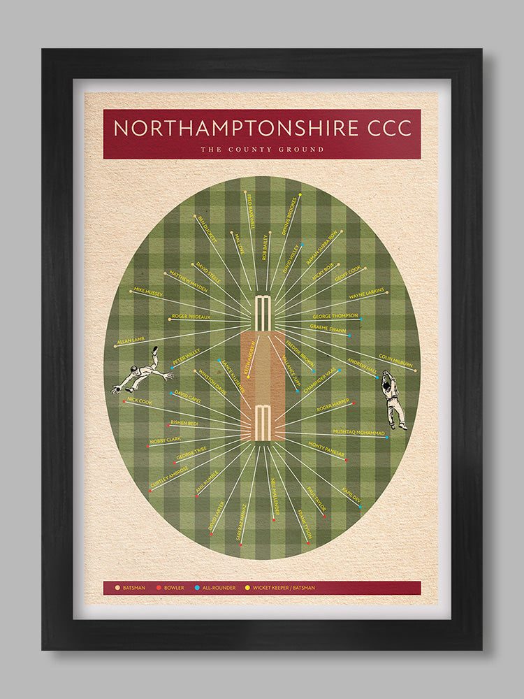 Northants CCC - Cricket Poster Print. A celebration of notable cricketers who have represented the tudor rose county.