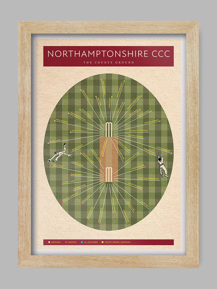 Northants CCC - Cricket Poster Print. A celebration of notable cricketers who have represented the tudor rose county.