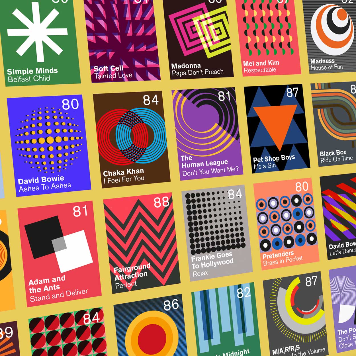 Number Ones of the Eighties - Music Poster print. Modernist, Minimalist selection of some of the best songs to top the UK charts in the 1980s