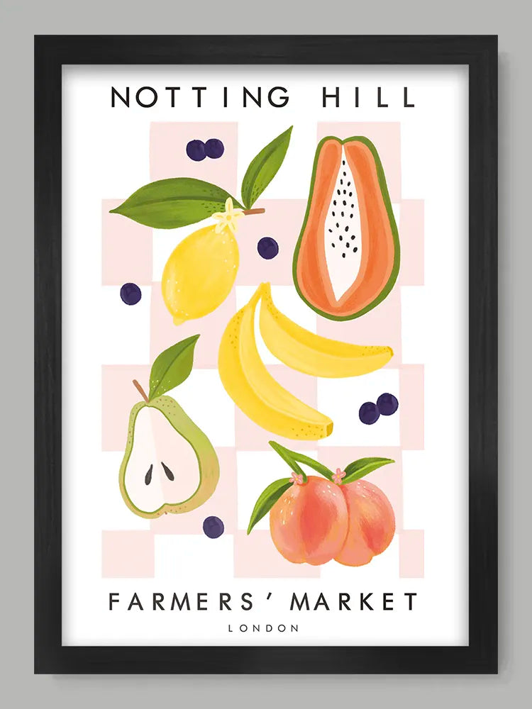 Framed poster of Notting Hill Farmers' Market with fruits on a light pink background