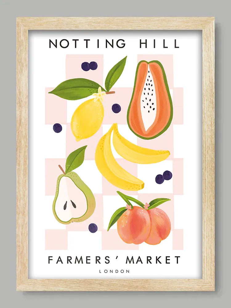 Framed poster with fruit illustrations and 'Notting Hill Farmers' Market London' text on a gray background