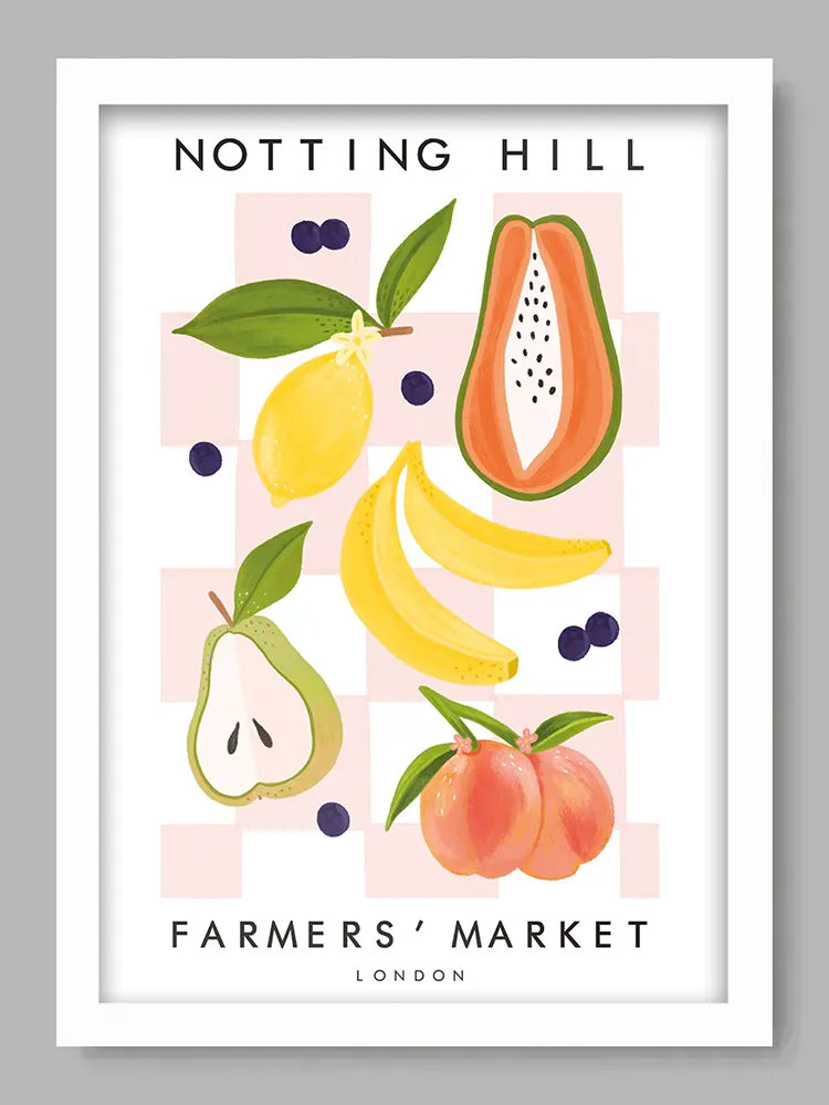 Framed poster of Notting Hill Farmers' Market with fruits on a light gray background